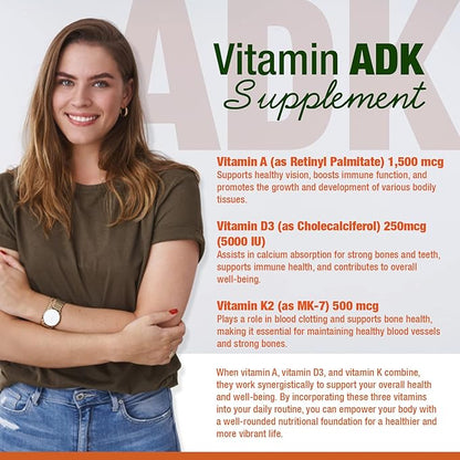 INVITA ADK - Vitamins A1, Vitamin D3 5000 IU & K2 MK7 Supplement - Physician Formulated Bone & Immune System Support - Gluten Free, Non-GMO - 180 Vegetarian Capsules for Men & Women