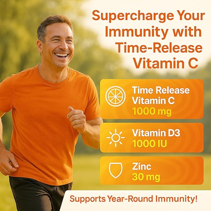 Super C – Time Release Vitamin C 1000mg, D3 1000iu, Zinc 30mg – 24-Hour Immune Support, Skin & Hair Health – Non-GMO – 120 Tablets