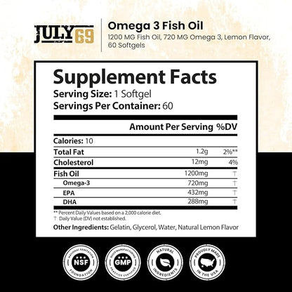 Omega 3 Fish Oil - 1200 MG Fish Oil, 720 MG Omega 3, Lemon Flavor, 60 Softgels, Natural EPA-DHA Softgels for Strength & Health, High Potency, Support for Women & Men