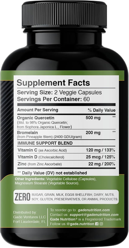 Gade Nutrition Organic Quercetin with Bromelain Vitamin C and Zinc | Immune Support Supplement Quercetin 500mg Capsules | Bioflavonoids Made in USA Third Party Tested