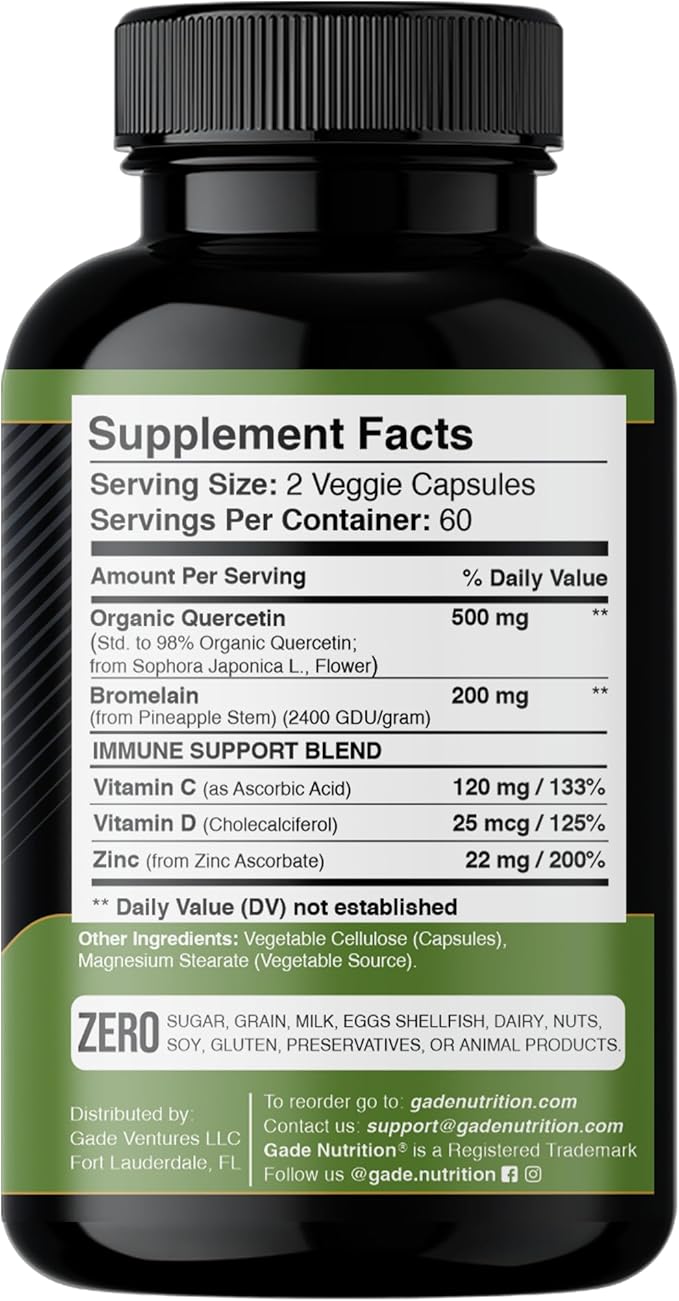 Gade Nutrition Organic Quercetin with Bromelain Vitamin C and Zinc | Immune Support Supplement Quercetin 500mg Capsules | Bioflavonoids Made in USA Third Party Tested
