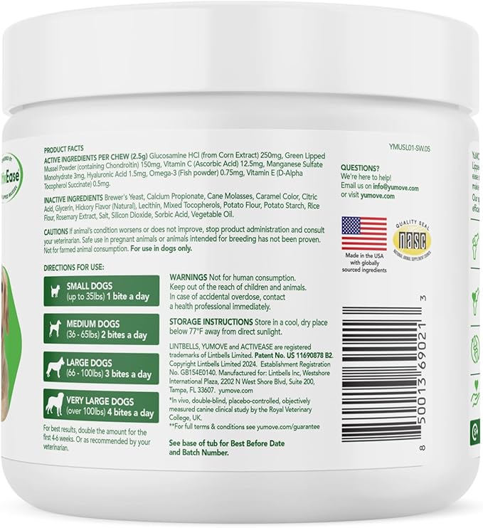 Dog Joint Supplement, Hip and Joint Supplement for Dogs with Glucosamine, Hyaluronic Acid, and Green Lipped Mussel and Omegas, Relief for Dog Hip and Joint Aches and Stiffness, by YuMOVE - 150 Bites