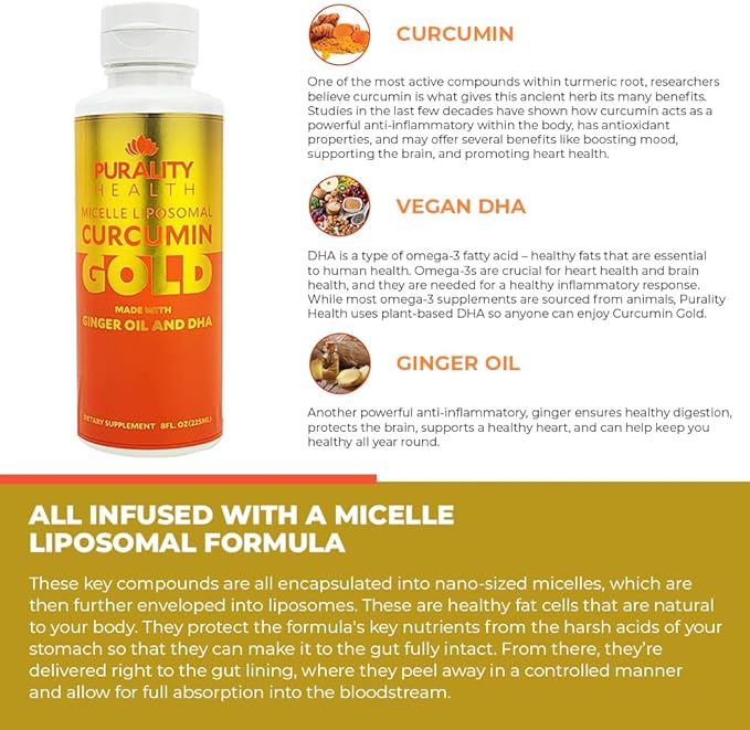 Curcumin Gold, from Turmeric with Ginger Oil & DHA Omega-3s, Micelle Liposomal Enhanced Absorption, Joint Health, 15 Day Supply