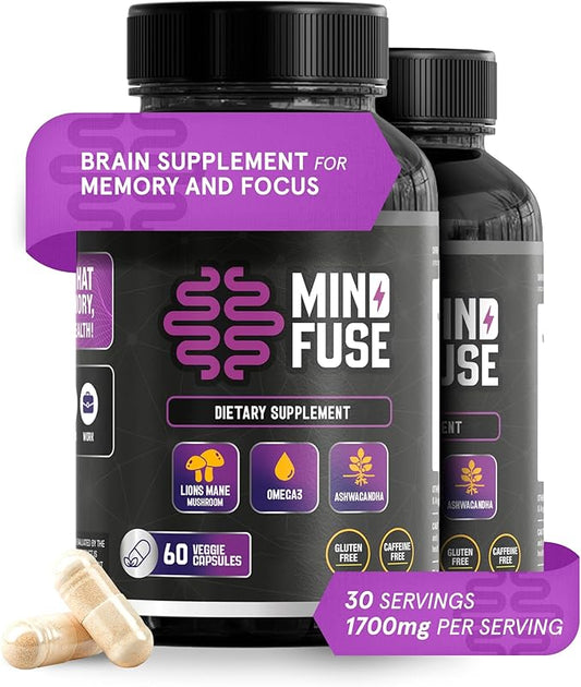 (2 Pack) - Nootropic Memory Booster Supplement for Adults - Lion’s Mane Capsules with Omega-3, Ashwagandha & L-Theanine for Focus & Memory - Gluten-Free 120 Capsules