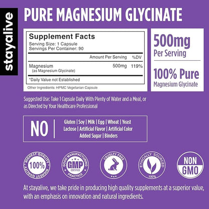STAY ALIVE Chelated Magnesium Glycinate 500mg, High Absorption, 90 Capsules, 100% Pure Glycinate Powder, Extra Strength Magnesium Supplement for Women and Men, Non-GMO & Gluten Free Pills