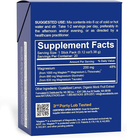 MagTech Magnesium Drink Mix Lemonade - 3 Forms of Magnesium: Magtein L-Threonate, Glycinate & Taurate - 200mg Chelated Magnesium Complex - Supports Relaxation & Brain Health* - 20 Stick Packs