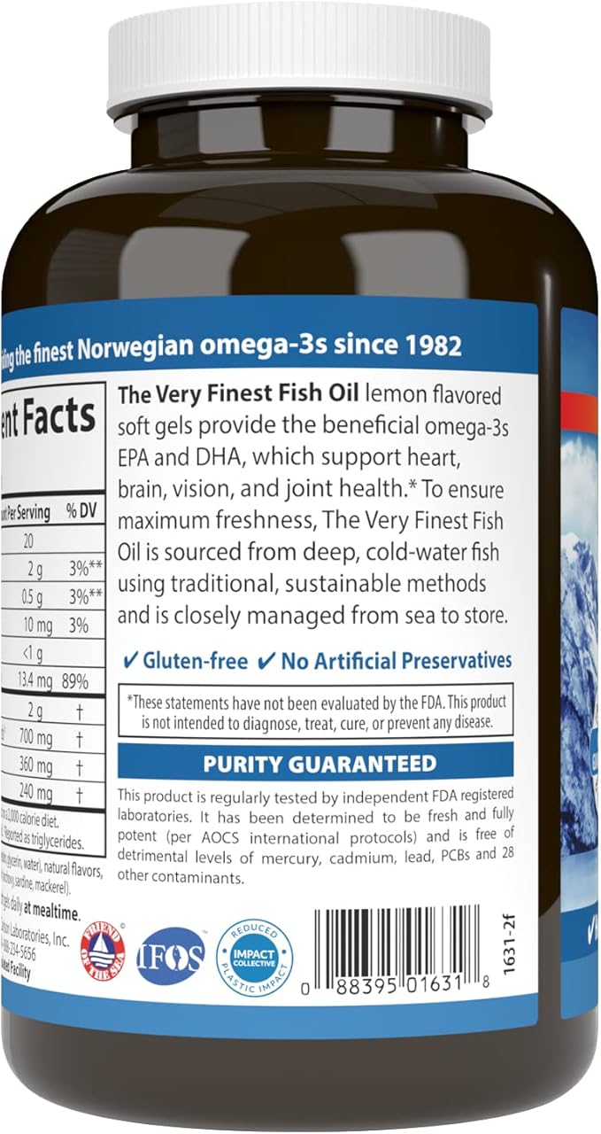 Carlson - The Very Finest Fish Oil, 700 mg Omega-3s, Norwegian Fish Oil Supplement, Wild Caught Omega 3 Fish Oil, Sustainably Sourced Fish Oil Capsules, Omega 3 Supplement, Lemon, 120 Softgels