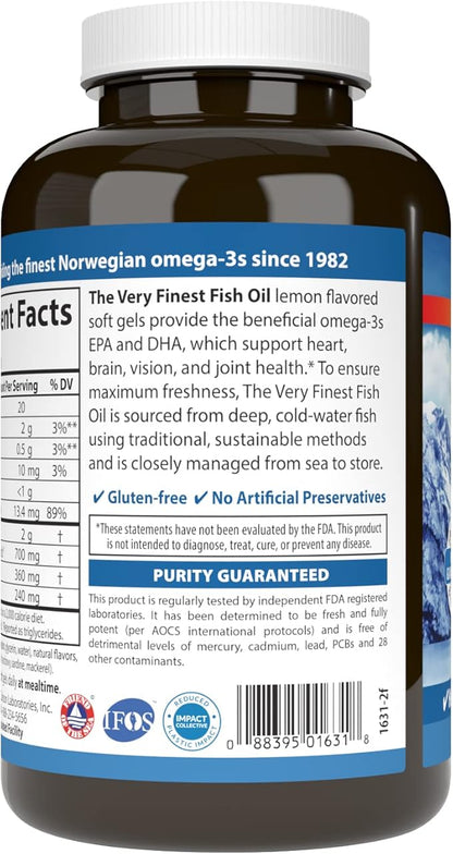 Carlson - The Very Finest Fish Oil, 700 mg Omega-3s, Norwegian Fish Oil Supplement, Wild Caught Omega 3 Fish Oil, Sustainably Sourced Fish Oil Capsules, Omega 3 Supplement, Lemon, 120 Softgels