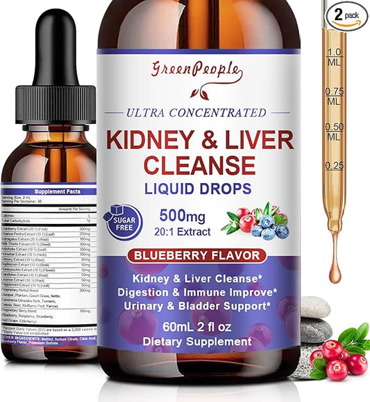 27-in-1 Kidney Cleanse Detox & Repair Drops - 20:1 Cranberry Extract & Chanca Piedra - Urinary Tract & Liver Cleanse - Vegan Kidney Support Supplement - Alcohol-Free, Non-GMO (2 Oz 2 Pack)