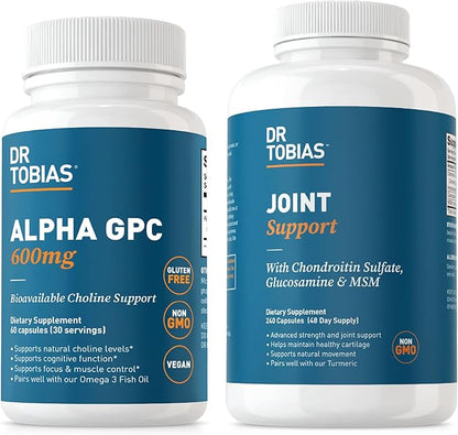 Dr. Tobias Alpha GPC & Joint Support Supplement - Support Cognitive Function & Joint Health with Bioavailable Choline Supplement & Premium Glucosamine, Chondroitin, and MSM, Non-GMO