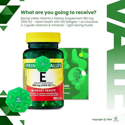 Vitamin E 180 mg (400 IU) 100 Softgels with Bundle Exclusive Vitamins & Minerals - A to Z - Better Ligth&Spring Guide + Weekly Pill Organizer (3 Items)