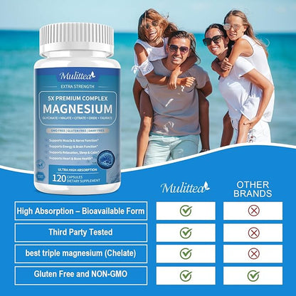 Magnesium Complex Chelated Magnesium Glycinate w/Malate, Taurate& Herbal Extracts for Support Sleep, Muscle,Cortisol & Heart Health, Gluten Free, Vegan, Non GMO, High Absorption,120 Capsules