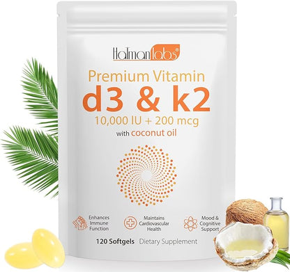 Vitamin D3 K2 Supplement Softgel,2-in-1 Micro Ingredients Vitamin D3 10000 IU + 200 MCG Vitamin K2,Coconut Oil Softgels,Free of GMO, Supplement Softgel (120Pcs)