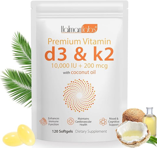 Vitamin D3 K2 Supplement Softgel,2-in-1 Micro Ingredients Vitamin D3 10000 IU + 200 MCG Vitamin K2,Coconut Oil Softgels,Free of GMO, Supplement Softgel (120Pcs)