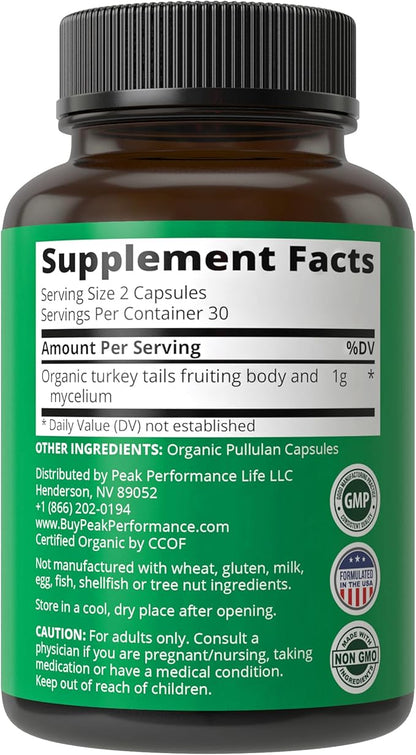 Peak Performance Organic Turkey Tail Capsules - USA Grown Made with Real Turkey Tail Mushroom. Immune System Support Naturally Harvested Mushroom Supplements for Immunity. Vegan Supplement Extract