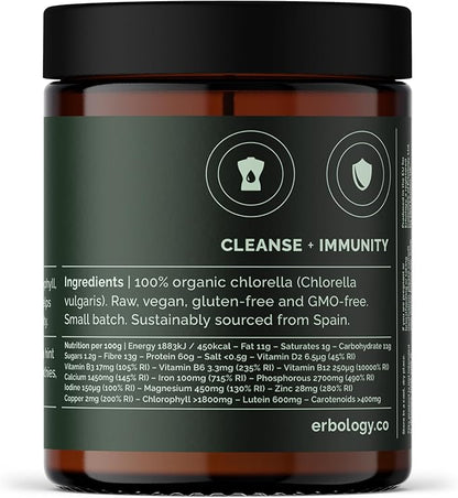Erbology Organic Chlorella Powder 3.2 oz - 45 Servings - Sustainably Sourced in Spain - Body Cleansing and Immunity Support - Rich in Chlorophyll, B Vitamins, Iron and Phosphorus - Vegan - GMO-Free