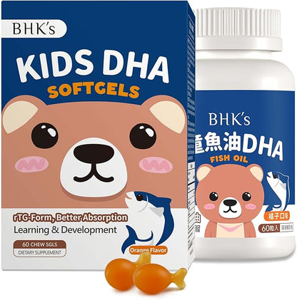 BHK's Kids Chewable Fish Oil, Omega 3 with EPA & DHA for Children, Support Brain Development & Learning Function, Eye & Immunity Health, 60 softgels