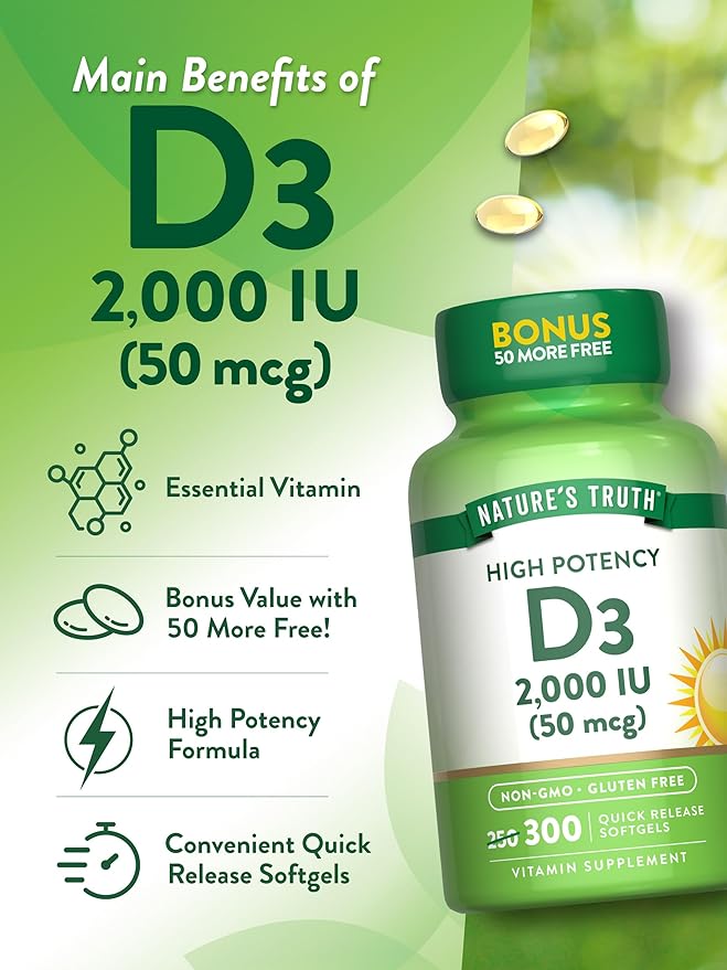 Nature's Truth Vitamin D3 2000 IU | 300 Softgels | High Potency Formula | Non-GMO & Gluten Free Supplement