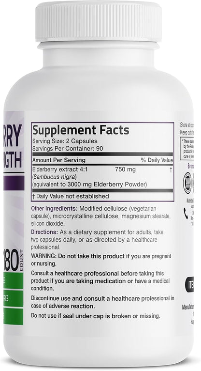 Bronson Elderberry Extra Strength, Supports Healthy Immune System & Antioxidant Protection, Non GMO, 180 Vegetarian Capsules