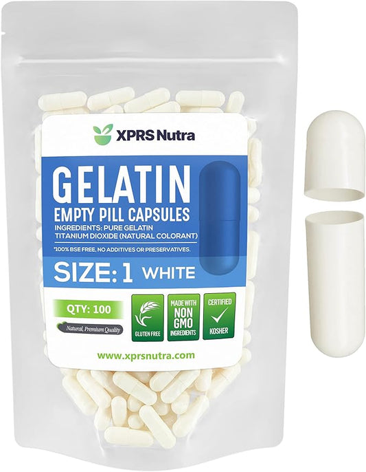 XPRS Nutra Size 1 Empty Capsules - 100 Count Empty Gelatin Capsules - Pill DIY Capsule Filling - Pure Bovine Pill Gel Caps for Do-It-Yourself Supplements (White)