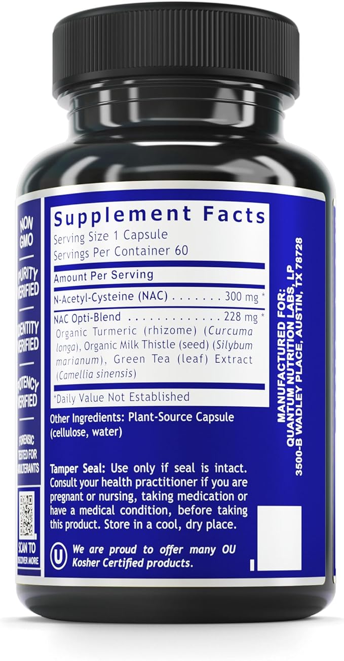 Quantum Nutrition Labs NAC - N-Acetyl-L-Cysteine, Liver & Immune Support, NAC Supplement, N-Acetyl Cysteine, 300mg NAC Per Capsule - 60 Vegetarian Capsules