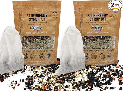 Elderberry Syrup Kits 2X - Each Makes Approx. 32oz - Includes Brewing Bags - Organic Ingredients - Elderberries - Rosehips - Ginger - Echinacea - Cinnamon - Cloves - Elderwise Organics