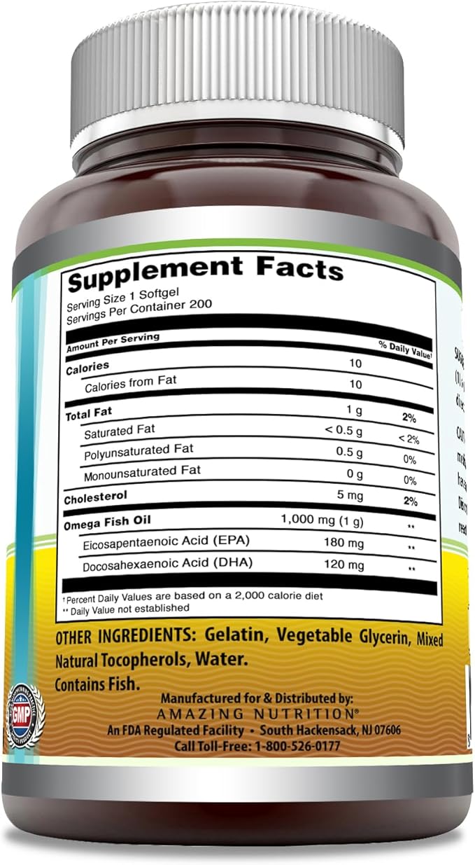 Amazing Omega Fish Oil 1000 mg Softgels Supplement | Omega-3, 180 mg EPA. 120 mg DHA | High Potency (200 Count)