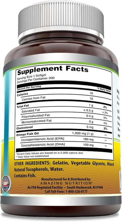 Amazing Omega Fish Oil 1000 mg Softgels Supplement | Omega-3, 180 mg EPA. 120 mg DHA | High Potency (200 Count)