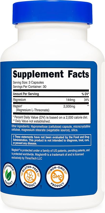 Nutricost Magtein Magnesium L-Threonate 2,000mg, 90 Capsules - Gluten Free, Vegetarian, 30 Servings
