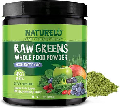 NATURELO Raw Greens Superfood Powder - Mixed Berry - Boost Energy, Detox, Enhance Health - Organic Spirulina - Wheat Grass - Whole Food Nutrition from Fruits & Vegetables - 480 Grams