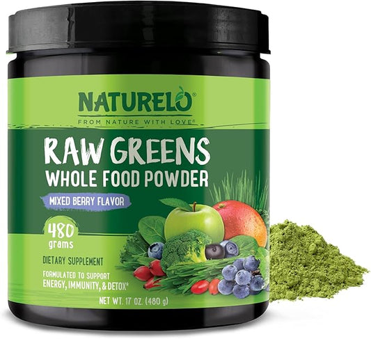 NATURELO Raw Greens Superfood Powder - Mixed Berry - Boost Energy, Detox, Enhance Health - Organic Spirulina - Wheat Grass - Whole Food Nutrition from Fruits & Vegetables - 480 Grams