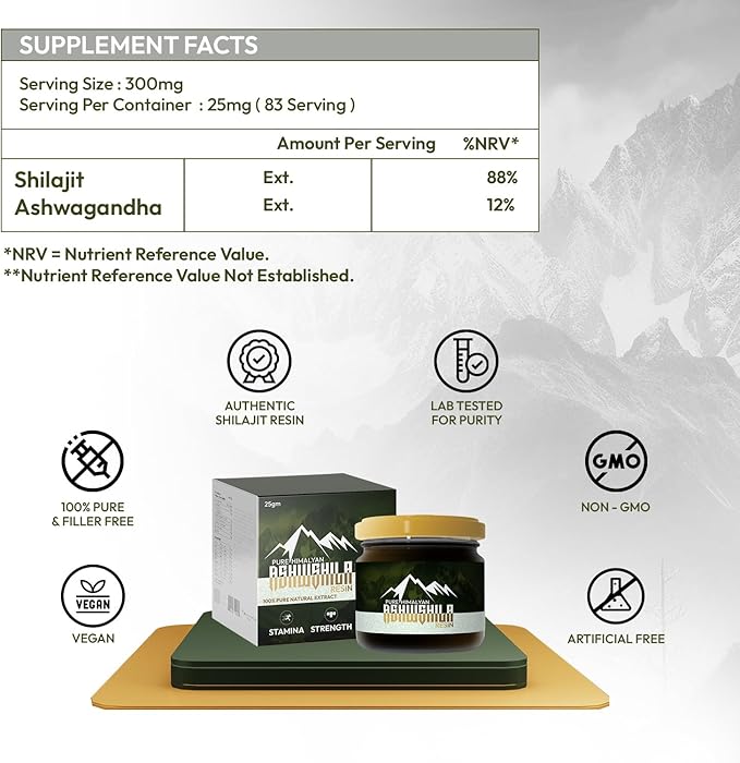 Shilajit Himalayan Pure Organic Resin Supplement for Men & Women with Ashwagandha, Natural Gold Grade for Energy & Immunity with 85+ Trace Minerals & Fulvic Acid | 25g, 83 Servings, 12 Weeks Supply.