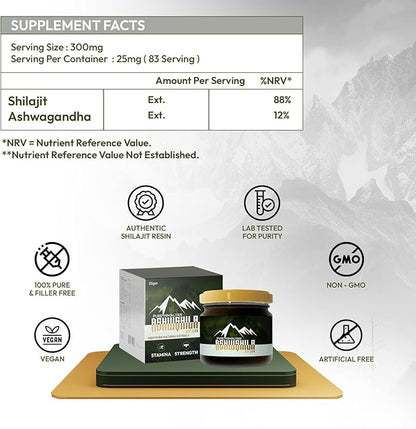 Shilajit Himalayan Pure Organic Resin Supplement for Men & Women with Ashwagandha, Natural Gold Grade for Energy & Immunity with 85+ Trace Minerals & Fulvic Acid | 25g, 83 Servings, 12 Weeks Supply.