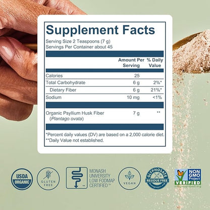 Psyllium Husk Fiber Unflavored (6g Per Serving) - Gluten-Free Fiber Supplement for Women & Men - Psyllium Husk Powder for Healthy Digestion, Bowel Regularity & Bloating Relief - 45 Servings