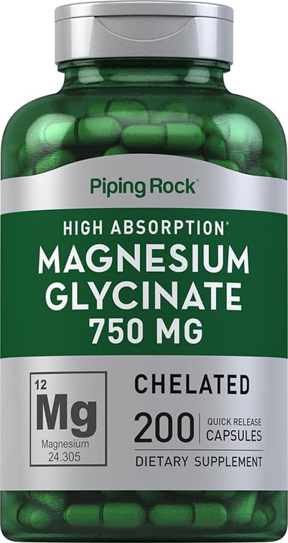 Piping Rock Magnesium Glycinate | 750mg | 200 Capsules | High Absorption | Chelated | Non-GMO and Gluten Free Supplement