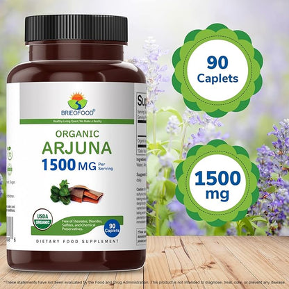Brieofood Organic Arjuna 1500mg, 45 Servings, Vegetarian, Gluten Free, 90 Vegetarian Tablet