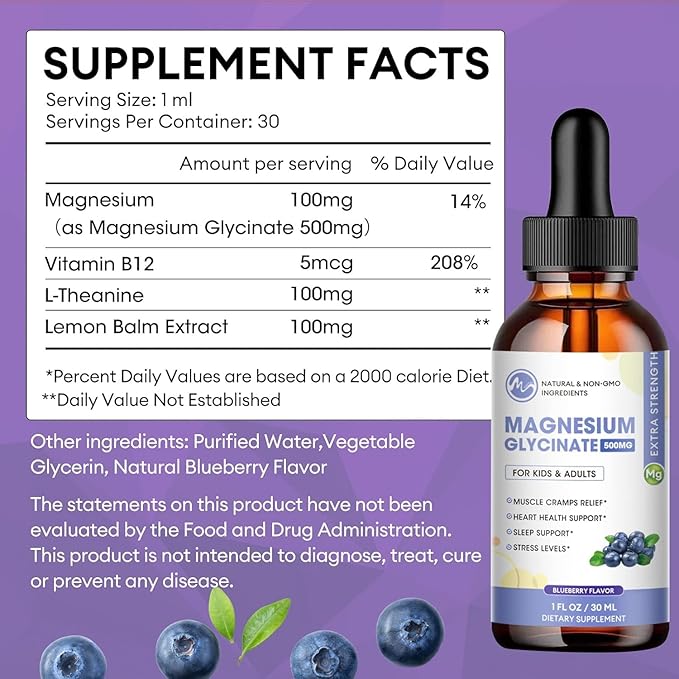2 Pack Liquid Magnesium Glycinate with L-Theanine & Lemon Balm - Promotes Relaxation & Sleep – Supports Bone, Muscle & Heart Health - Gluten Free - 60 Day Supply