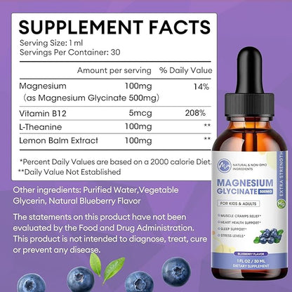 2 Pack Liquid Magnesium Glycinate with L-Theanine & Lemon Balm - Promotes Relaxation & Sleep – Supports Bone, Muscle & Heart Health - Gluten Free - 60 Day Supply