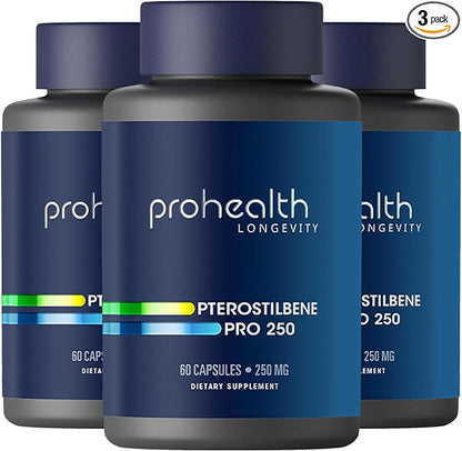 Pterostilbene Supplement (250mg, 60 Capsules) | Clinically Proven, Third-Party Tested Antioxidant for Heart & Brain Health | Activates Longevity Genes (3 Pack)