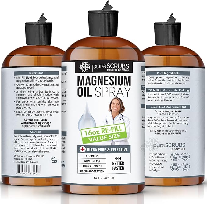 Pure Magnesium Oil, Great Value - Very Large 16oz Re-Fill Size (12 Month Supply) - Zechstein Brine