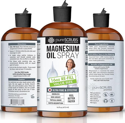 Pure Magnesium Oil, Great Value - Very Large 16oz Re-Fill Size (12 Month Supply) - Zechstein Brine