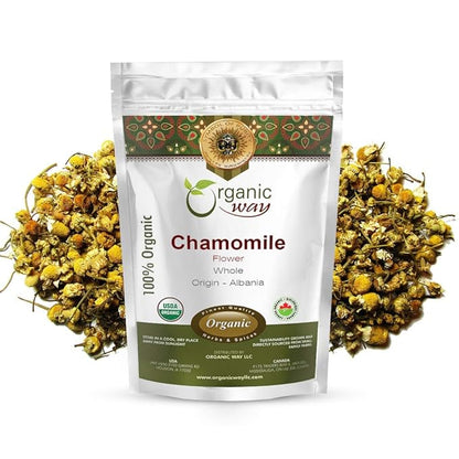 Organic Way Chamomile Flower Whole (Matricaria chamomilla) - Herbal Tea | European Wild-Harvest | Kosher & USDA Certified | Vegan, Non-GMO & Gluten Free | 100% Raw from Albania (1LBS / 16Oz.)
