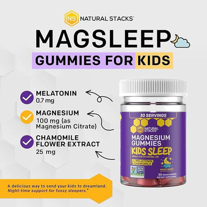 Natural Stacks Kids Sleep Magnesium Gummies with Melatonin - 100mg Magnesium Citrate - Melatonin Gummies for Sleep Quality - Nighttime Aid for Kids with Chamomile - 30 Mixed Berry Chewables