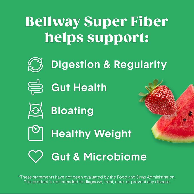 Bellway Super Fiber Powder + Fruit, Sugar Free Organic Psyllium Husk Powder Fiber Supplement for Regularity, Bloating Relief & Gut Health, Non-GMO, Plant-Based, Strawberry Watermelon (50 Servings)