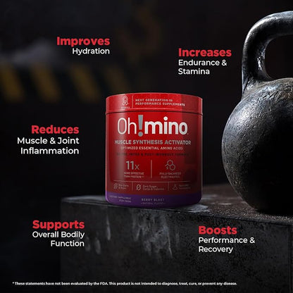 Oh!mino Amino Acids for Muscle Gain - BCAAs Amino Acids Powder Supplement for Pre & Post Workout - Caffeinated, Non Dairy, Vegan, Zero Sugar & Net Carbs - 40 Servings (Berry Blast)
