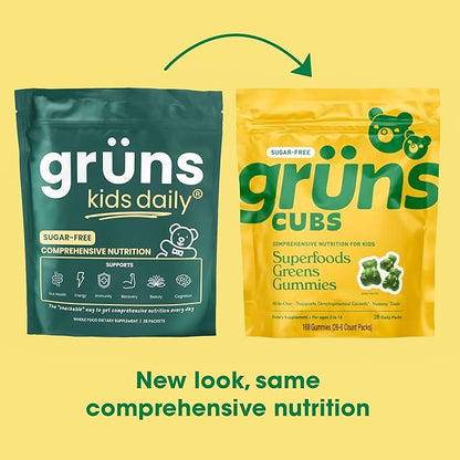 Gruns Kids Vitamins, Super Greens Gummies, Sugar-Free Superfood Gummy Bears With Spirulina, Chlorella, Prebiotics Fiber for Digestive Health, Adaptogens Supplement, 20 Vitamins & Minerals, 28 day Pack