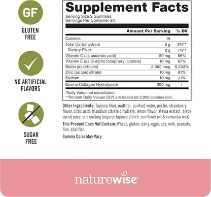 NatureWise Collagen Gummies - Sugar-Free Hydrolyzed Collagen Gummies - Type 1 & 3 Peptides for Women + Biotin, Vitamin C, E, & Zinc for Hair Skin and Nails Support - 60 Count[1-Month Supply]