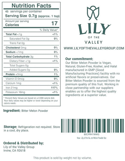 LILY OF THE VALLEY Bitter Melon Powder (Karela Powder) - Ideal for Smoothies & Shakes - Momordica Charantia - Healthy Lifestyle - Vegan & Gluten-Free - Packed in Resealable Pouch (8oz)