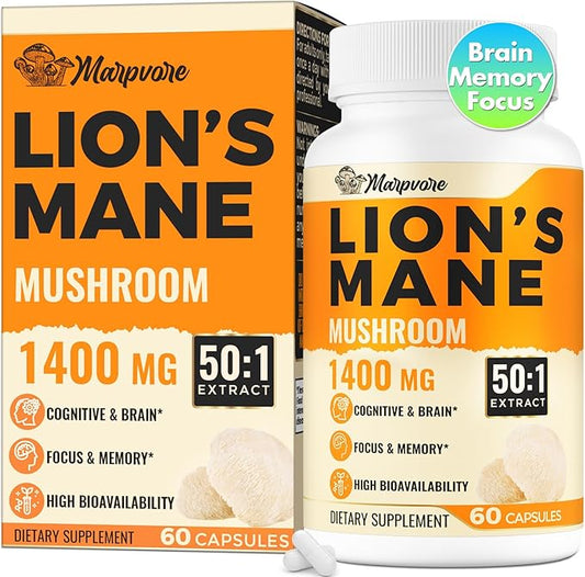 1400mg Lions Mane Supplement Capsules - 50x Strength Potency Brain Supplements for Memory and Focus | Natural Nootropics Brain Supplement for Cognitive, Clarity, Concentration & Energy - 60 Caps
