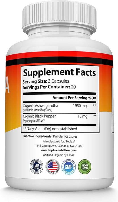 Organic Ashwagandha Root Powder Pills 1950 Mg with Black Pepper Extract - Pure Natural Ashwagandha Supplement, Support Energy, for Men Women, 60 Capsules